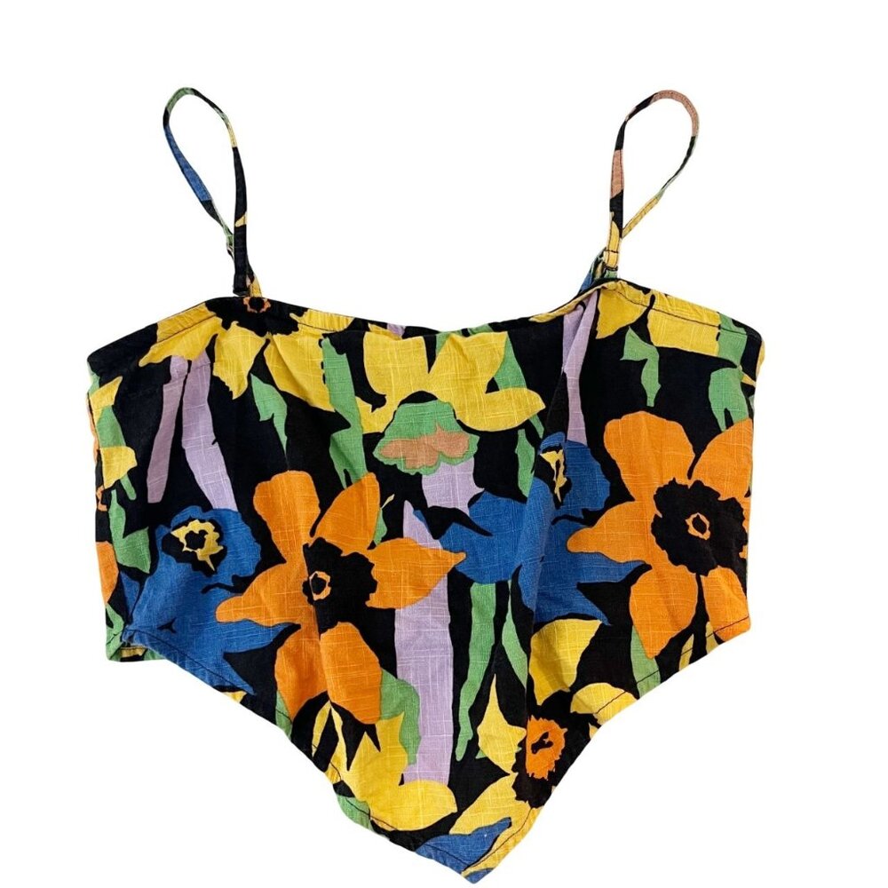 Roxy Black Floral Multicolor Handkerchief Crop Top Boho Beach - Size Large